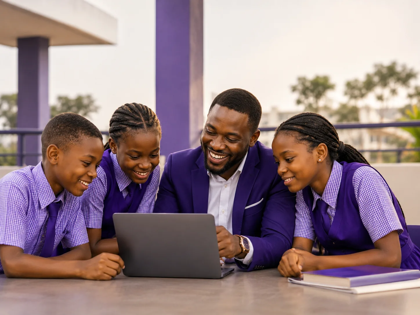Teacher working with students using a laptop in a school environment