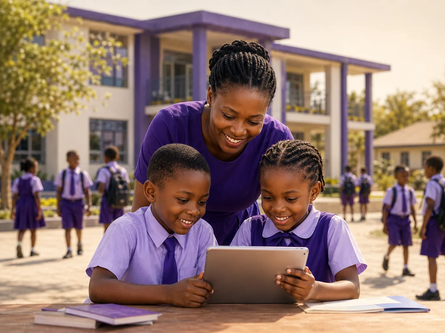 Teacher guiding primary-school students as they learn together on a tablet in a real classroom